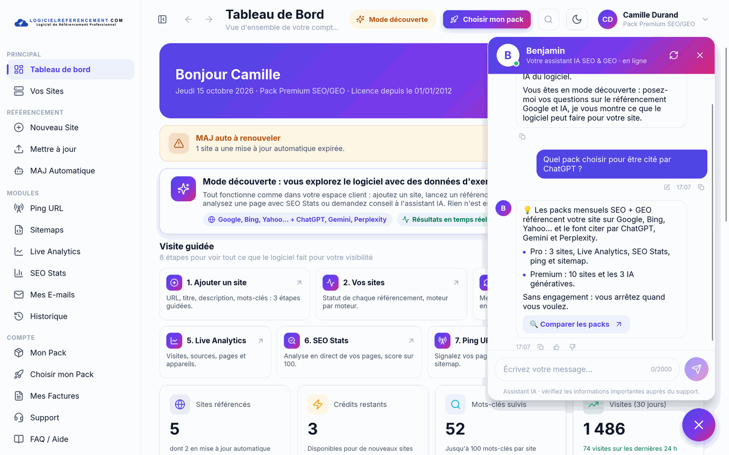 Assistant IA Assistant IA du logiciel de référencement qui répond aux questions en français