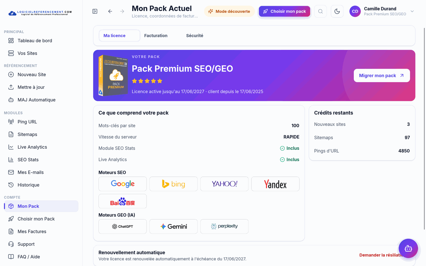 Mon pack Pack Premium SEO/GEO en détail avec les crédits restants