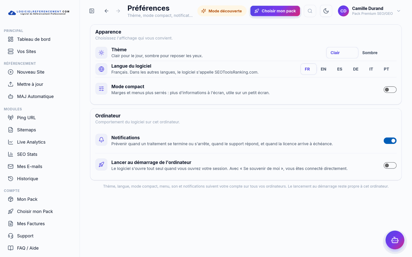 Préférences Préférences du logiciel de référencement : thème, notifications et démarrage