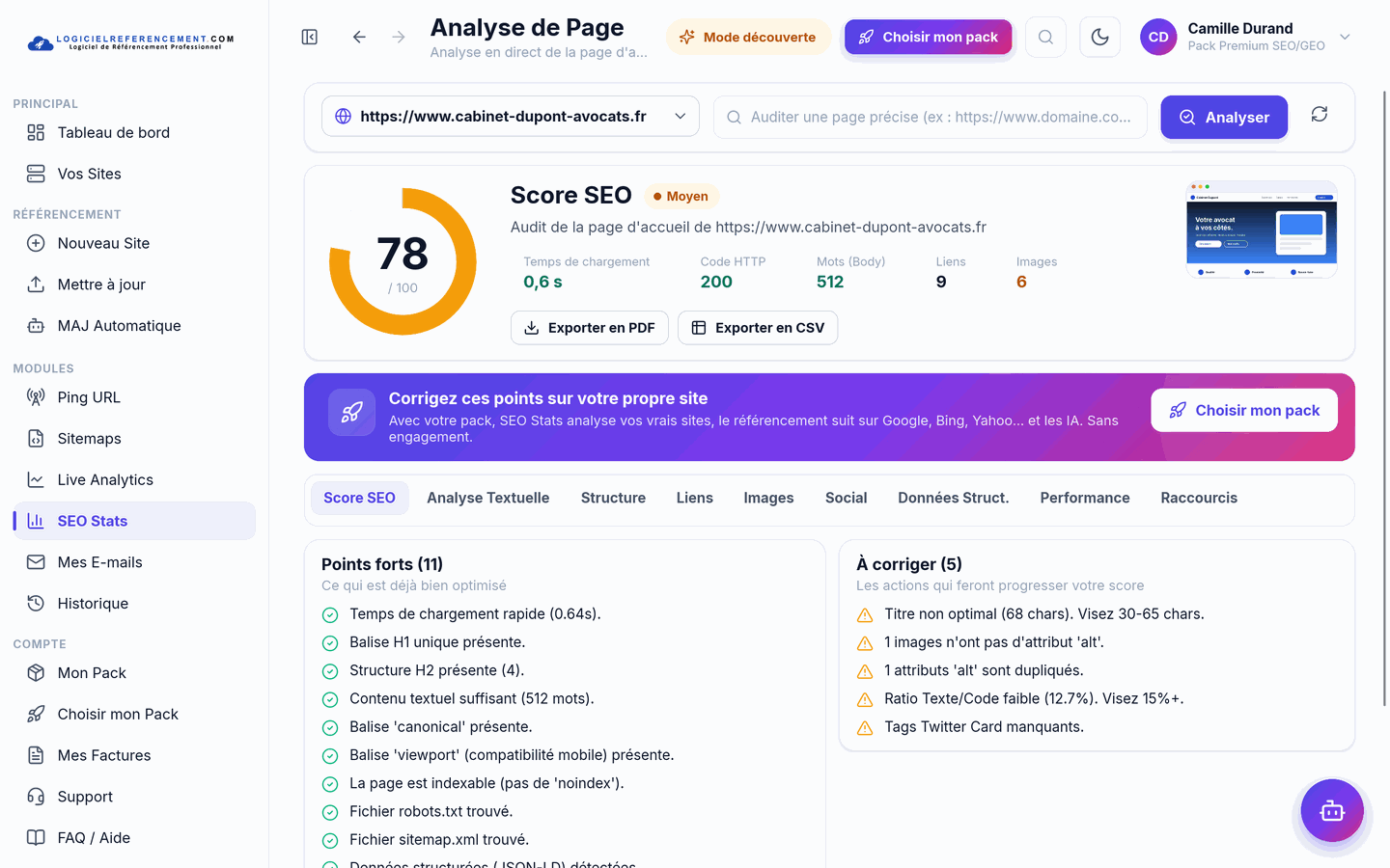 SEO Stats : score et corrections SEO Stats : score SEO sur 100 et corrections pour faire monter son site