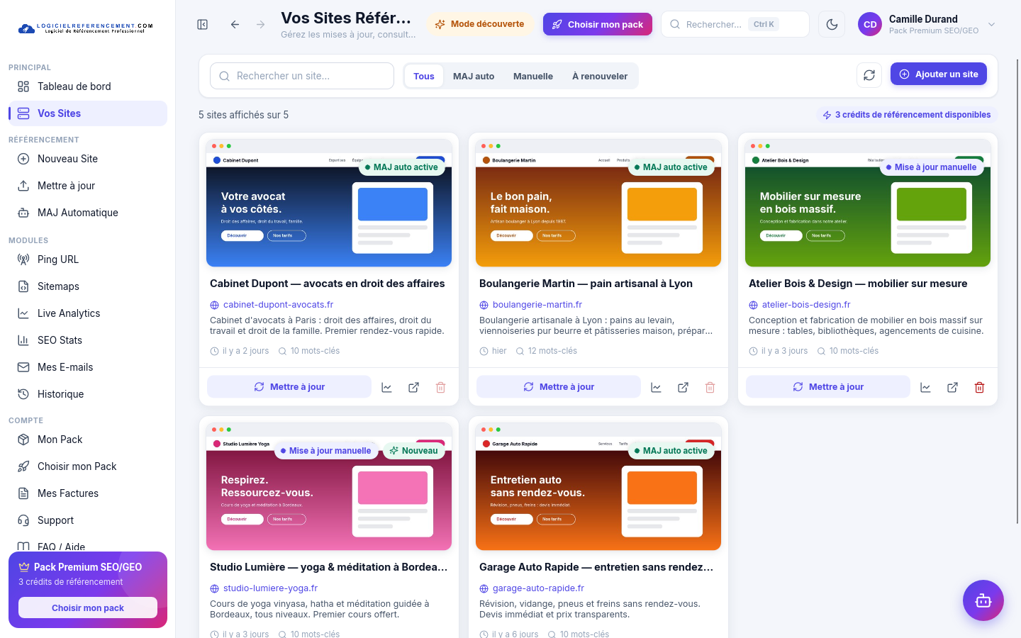 Vos sites Liste des sites référencés avec leur état et la mise à jour en un clic